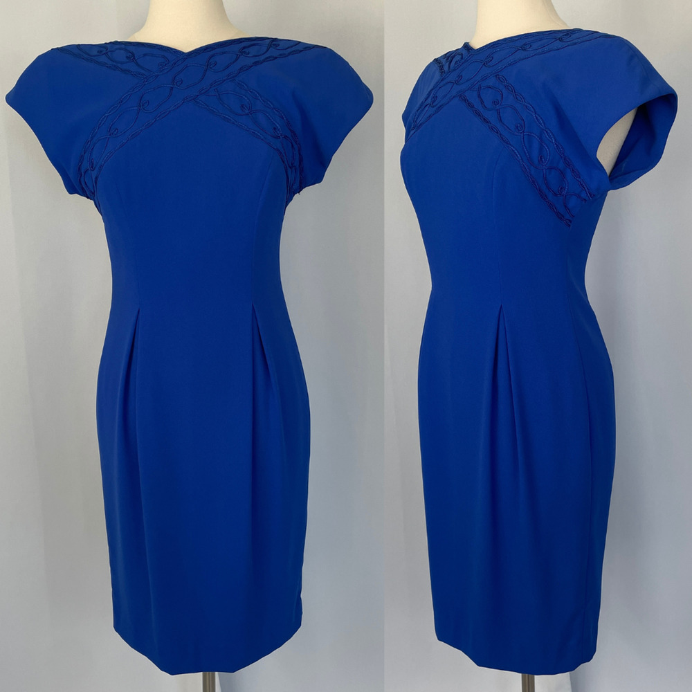 Vintage Cocktail Dress Size 6 Royal Blue Embroidered Pencil Dolman Sleeve